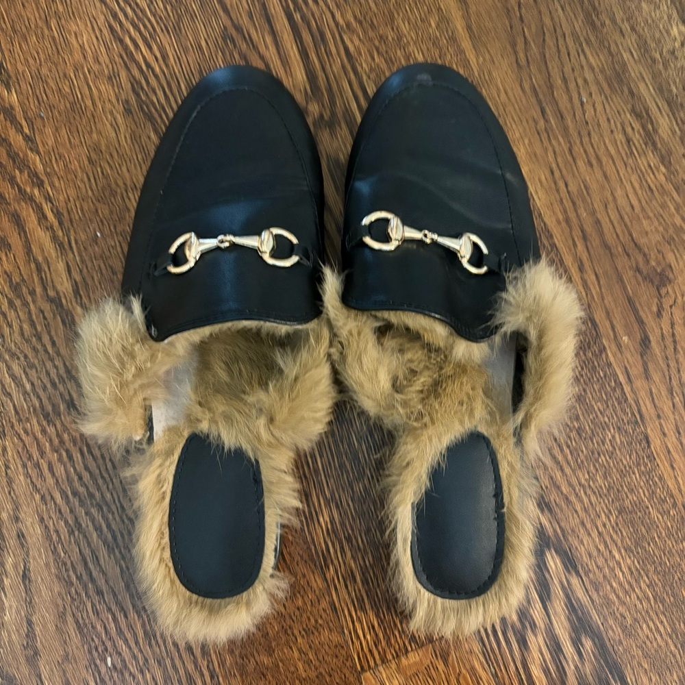 fur horsebit mules 40 black gold